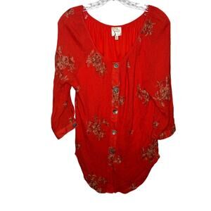 Fig and Flower Red Embroidered Button Down Blouse Size L Boho‎ Peasant Tunic Top
